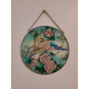 Amia Denver Co Hand Painted Blue Birds Pink Roses‎ Flowers Suncatcher 6.5" Round